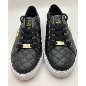 G by Guess Black Quilted Sneakers Faux Leather Gold Accent Lace-Up Women’s 6.5